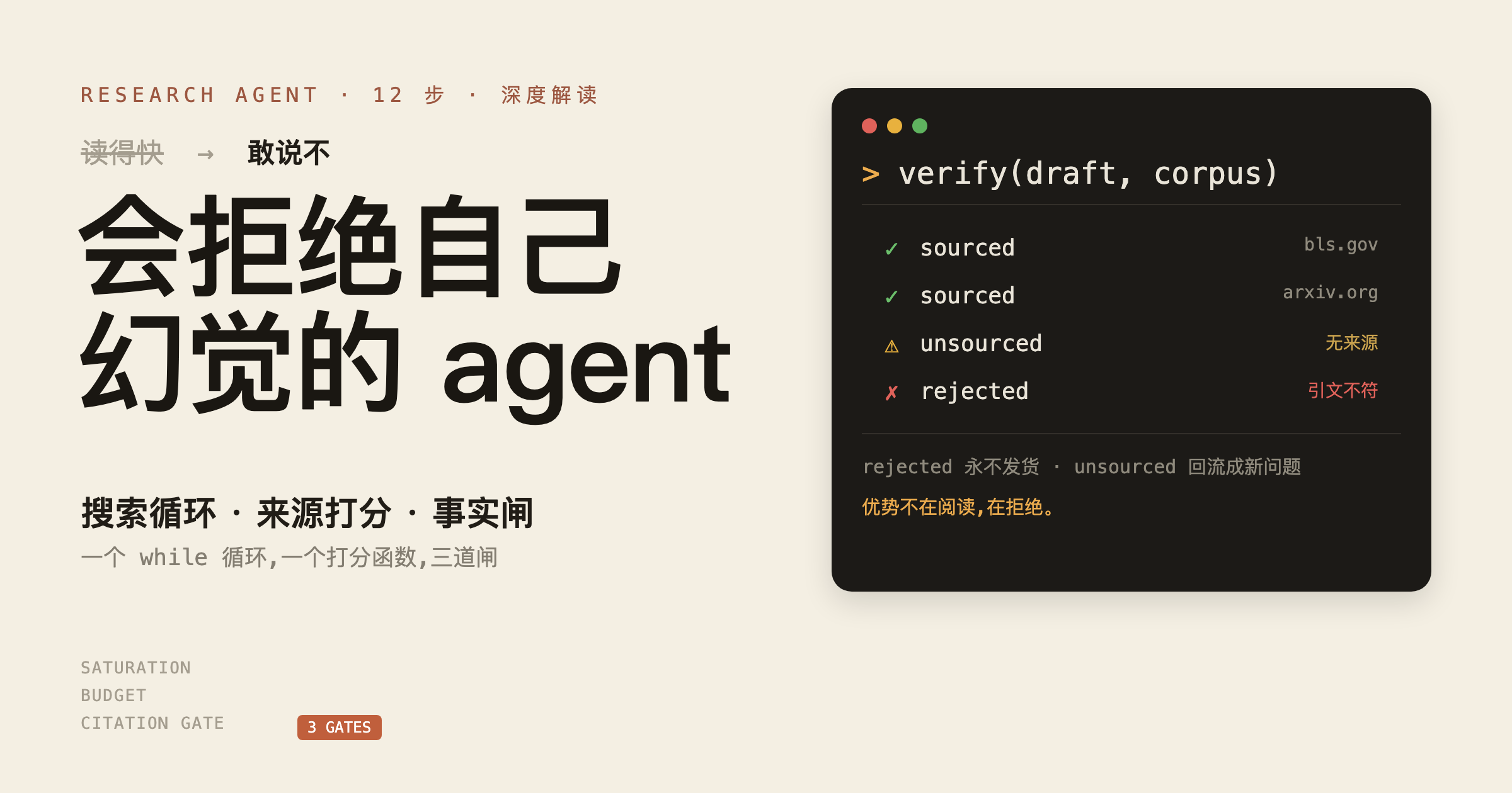 用 12 步造一个会拒绝自己幻觉的研究 agent:搜索循环、来源打分、事实闸